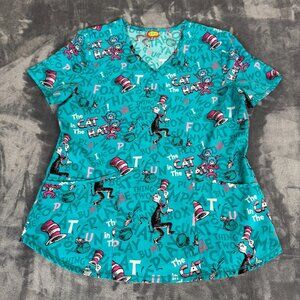 Dr Seuss Womens Medium Scrub Top Cat in the Hat Thing 1 & Thing 2 V-Neck Nurse